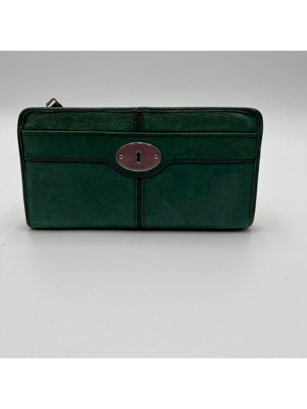 Fossil emerald green, genuine, leather zip around wallet (SKU-0477)